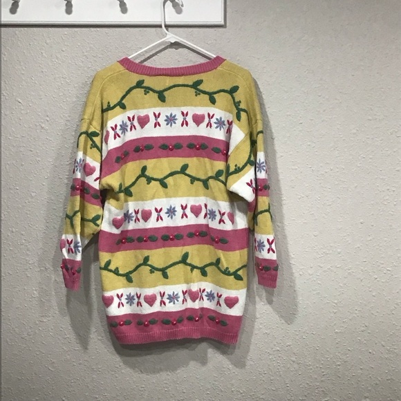 Vtg Styles To Go Deep V-Neck Chunky 3D Knit Sweater Striped Floral Heart Design - Picture 4 of 5